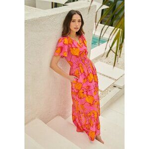 Sugar Lips Women’s small floral midi dress pink orange poppy print boho v-neck